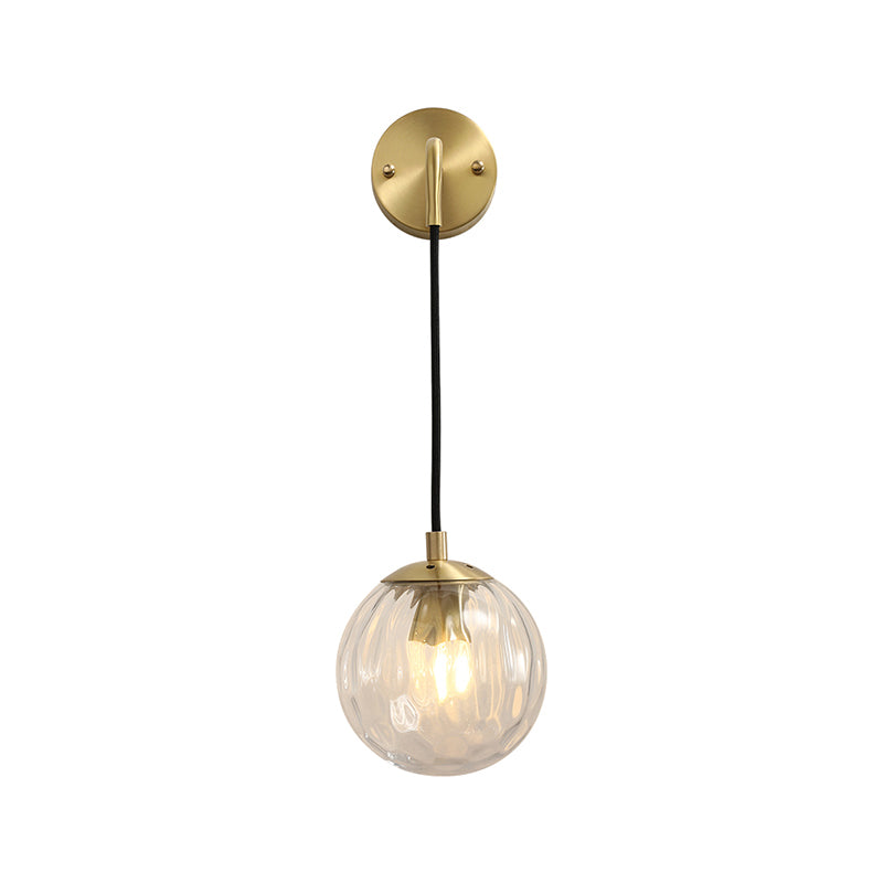 Clear Ripple Glass Ball Wall Light Minimalistic 1-Light Brass Sconce Fixture for Dining Room