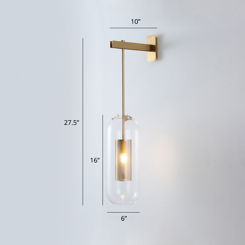 Pill Capsule Glass Wall Lamp Post-Modern 1 Head Brass Sconce Light Fixture with Mesh Guard