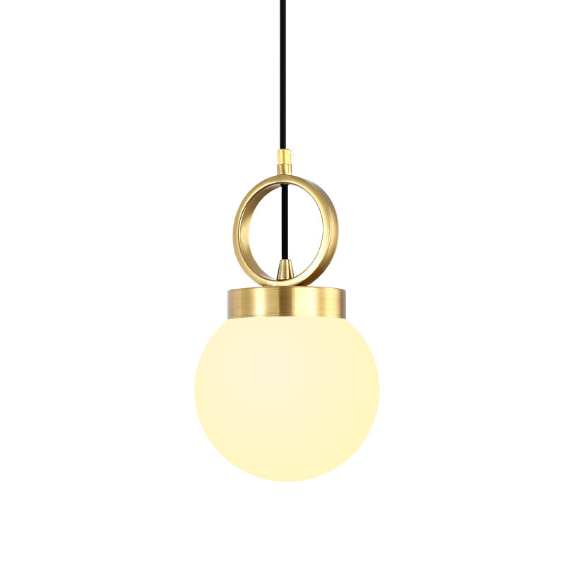 Ball Pendulum Light Simple Opal Glass Single Dining Room Pendant Lamp with Gold Ring Top