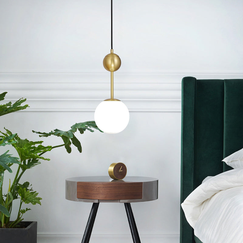 Ball Bedside Hanging Light Opaline Glass 1-Light Minimalist Suspension Pendant in Brass