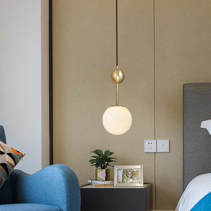 Ball Bedside Hanging Light Opaline Glass 1-Light Minimalist Suspension Pendant in Brass