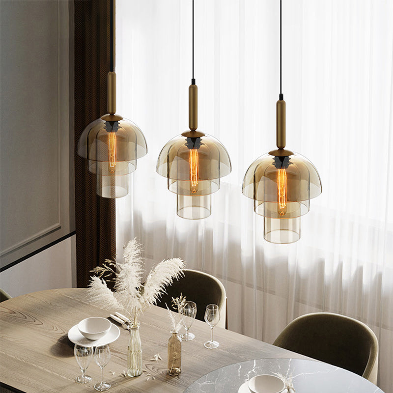 Postmodern 3-Shade Pendant Cognac Glass 1 Bulb Dining Room Hanging Light Fixture in Brass