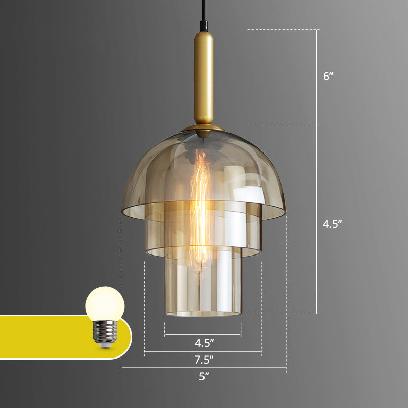 Postmodern 3-Shade Pendant Cognac Glass 1 Bulb Dining Room Hanging Light Fixture in Brass