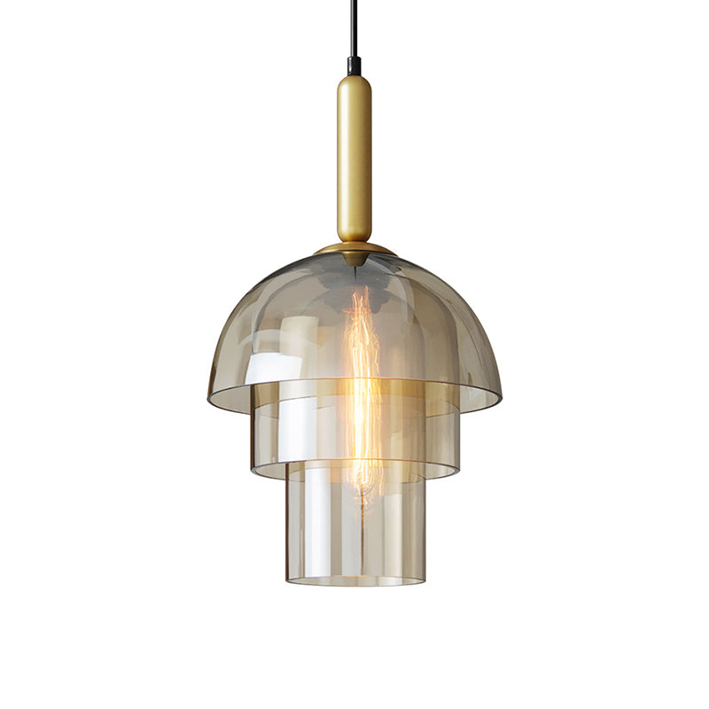 Postmodern 3-Shade Pendant Cognac Glass 1 Bulb Dining Room Hanging Light Fixture in Brass