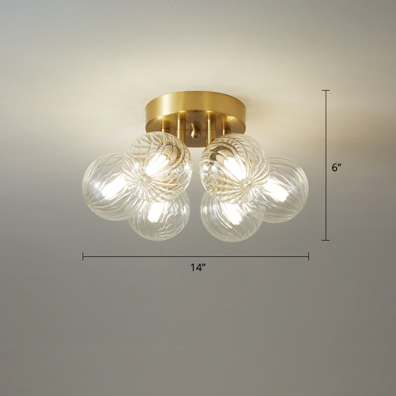 Post-Modern Ball Semi Mount Lighting Clear Twist Glass Dining Room Flush Ceiling Light in Brass