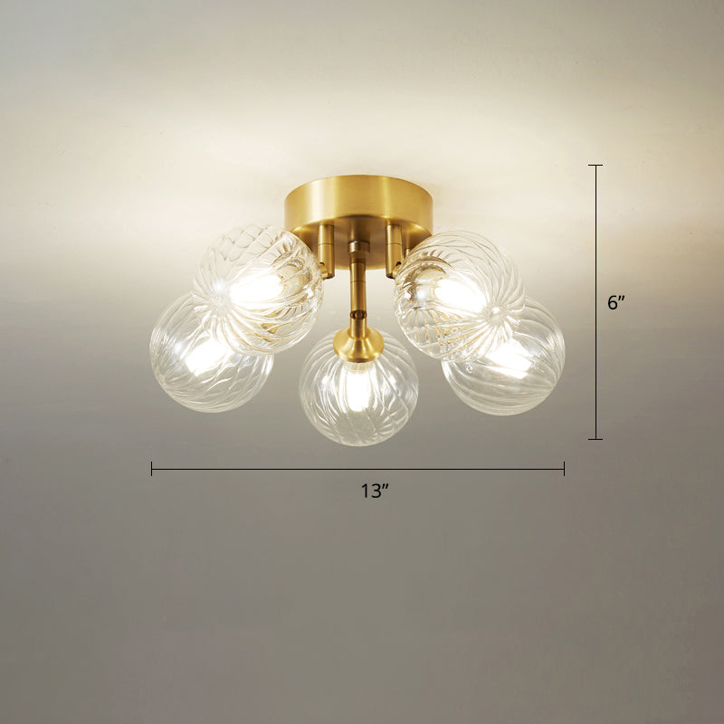 Post-Modern Ball Semi Mount Lighting Clear Twist Glass Dining Room Flush Ceiling Light in Brass