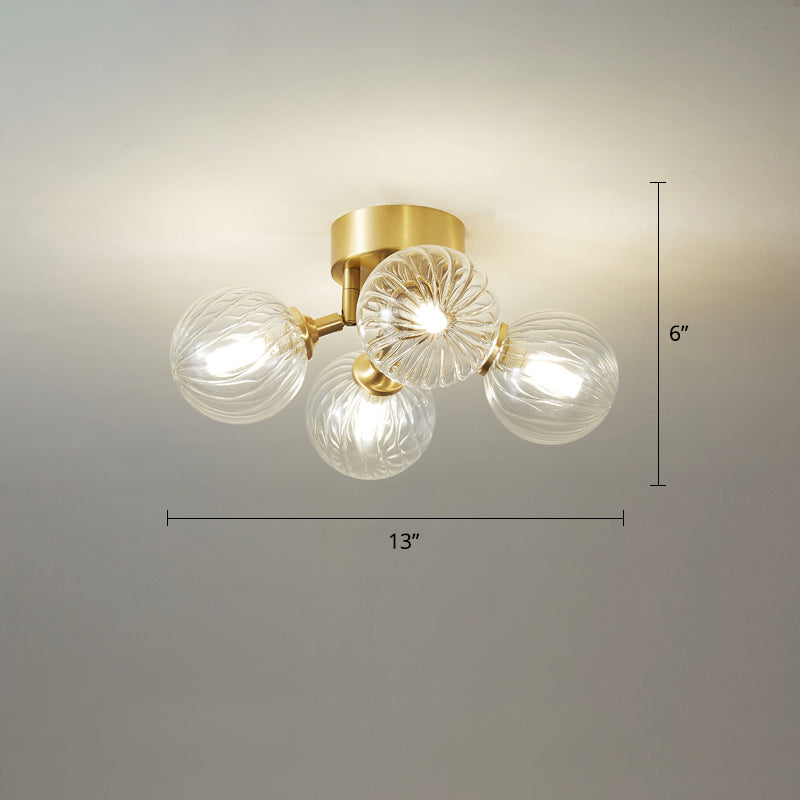 Post-Modern Ball Semi Mount Lighting Clear Twist Glass Dining Room Flush Ceiling Light in Brass
