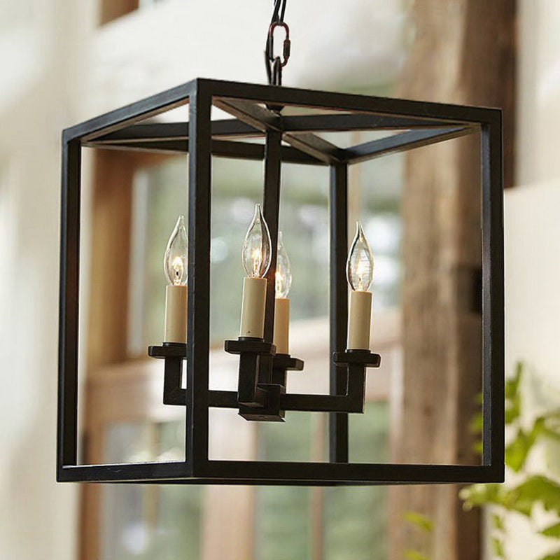 Vintage Cubic Chandelier Lighting with Cage Shade 4 Lights Metal Small Hanging Lamp in Black for Bathroom