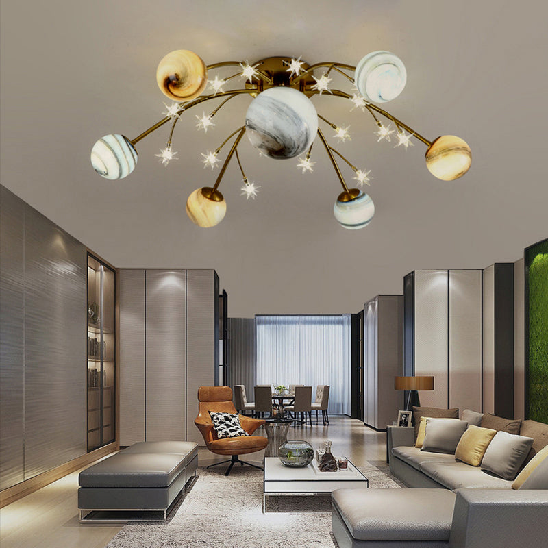 Luz de planeta espacial de latón Luz de vidrio multicolor de vidrio multicolor Luz de techo de soporte de semi-flush
