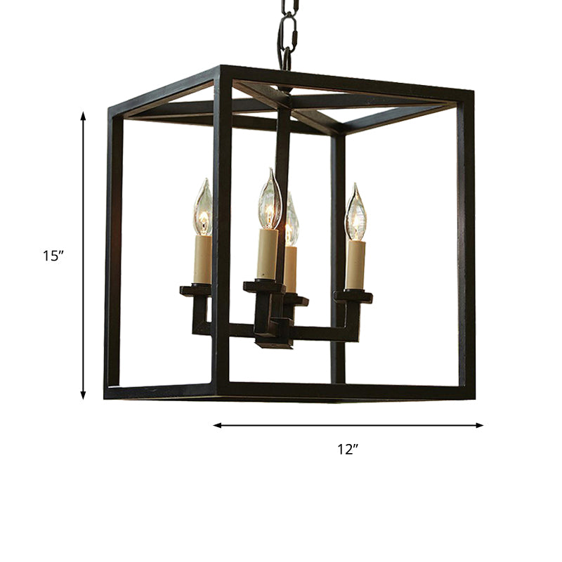 Vintage Cubic Chandelier Lighting with Cage Shade 4 Lights Metal Small Hanging Lamp in Black for Bathroom