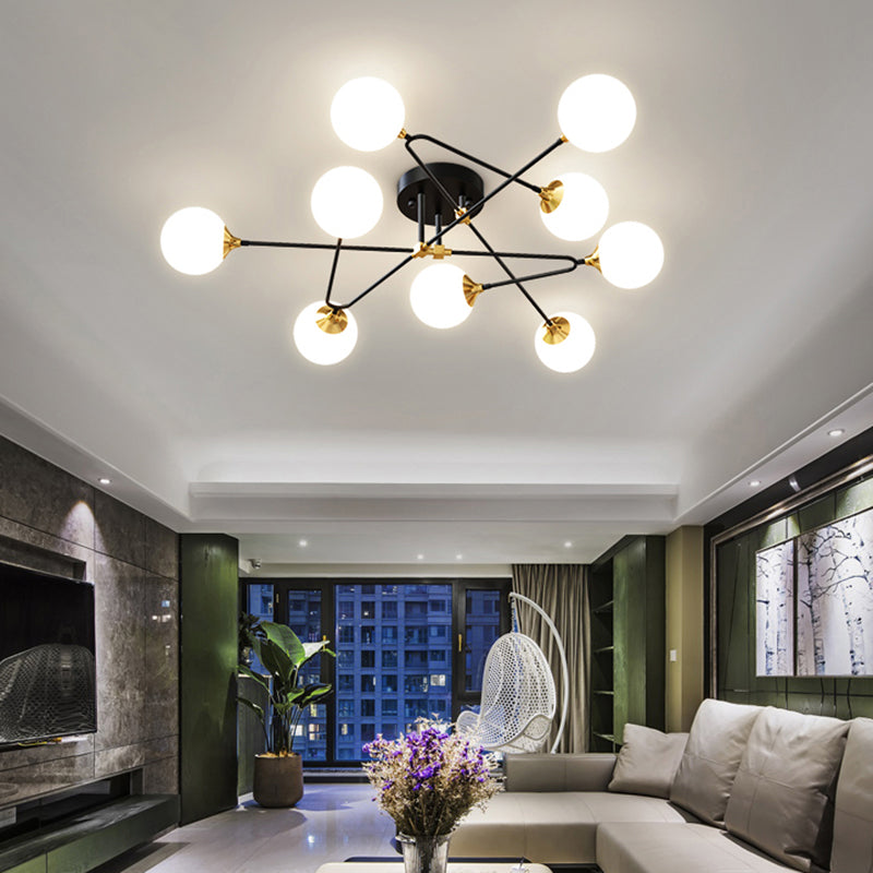 Milky Glass Ball Flush Chandelier Nordic Black-Brass Semi Flush Mount Lighting for Bedroom