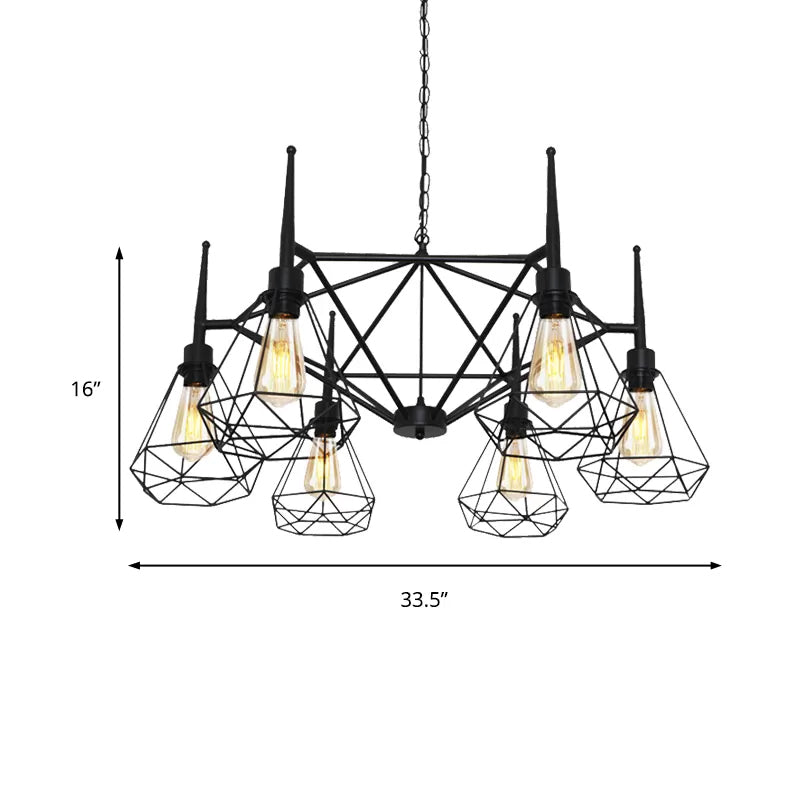 Multi Light Chandelier Lamp Retro Industrial Cage Diamond Iron Ceiling Pendant Light with Adjustable Chain in Black