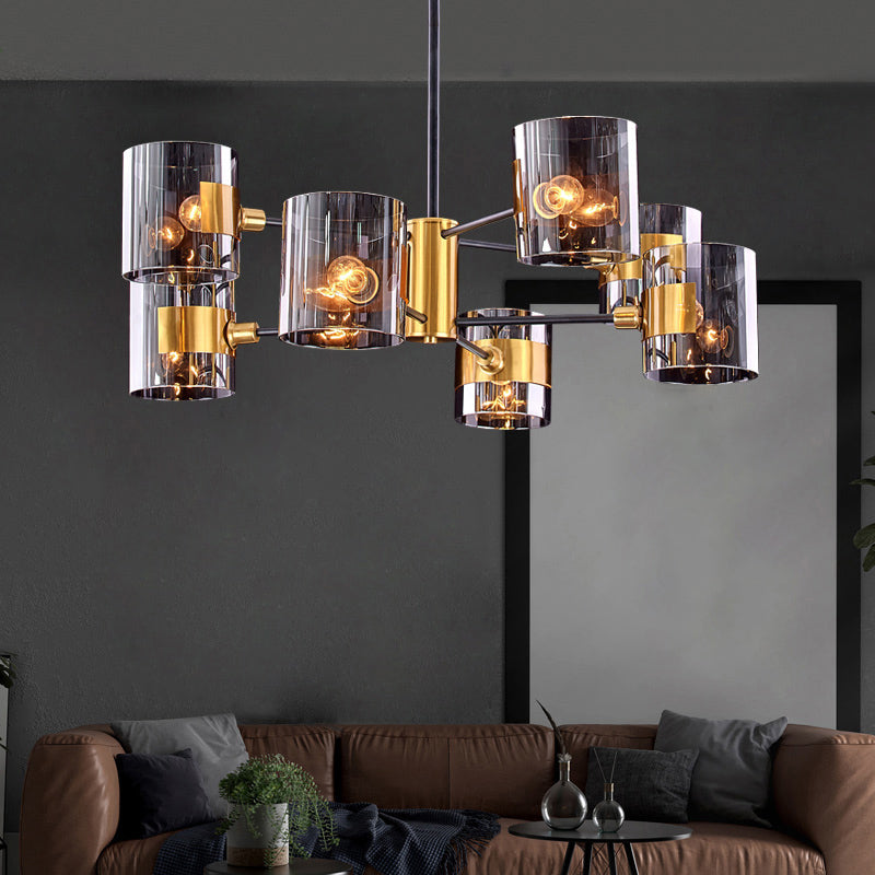 Cilindro a forma di lampadario appeso a sospeso Postmodern Fumo grigio vetro soggiorno Luce a sospensione in ottone