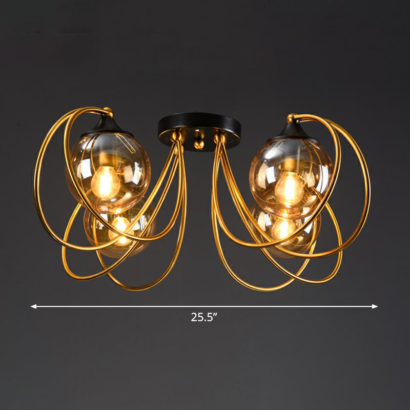 Brass Finish Floral Semi-Flush Ceiling Light Postmodern Glass Flushmount Lighting for Living Room