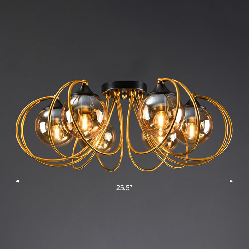 Brass Finish Floral Semi-Flush Ceiling Light Postmodern Glass Flushmount Lighting for Living Room
