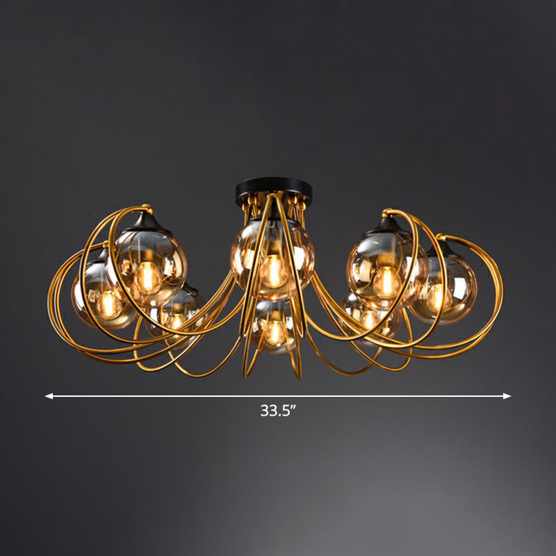 Brass Finish Floral Semi-Flush Ceiling Light Postmodern Glass Flushmount Lighting for Living Room