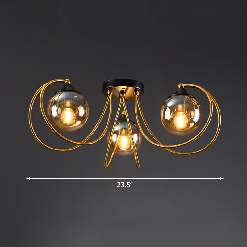 Brass Finish Floral Semi-Flush Ceiling Light Postmodern Glass Flushmount Lighting for Living Room
