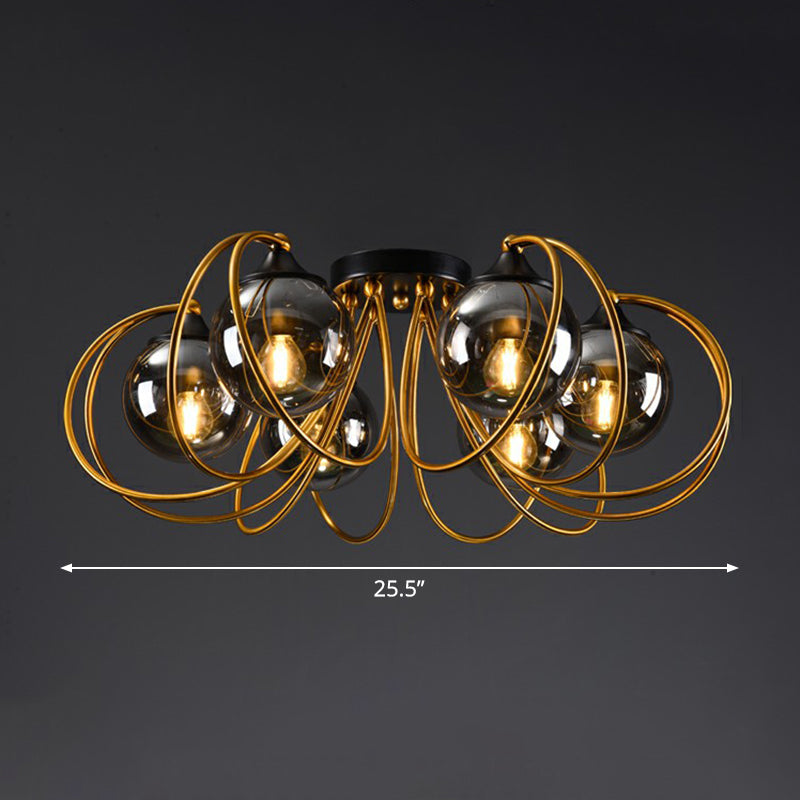 Brass Finish Floral Semi-Flush Ceiling Light Postmodern Glass Flushmount Lighting for Living Room
