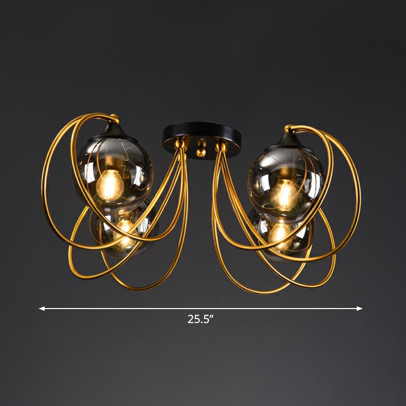 Brass Finish Floral Semi-Flush Ceiling Light Postmodern Glass Flushmount Lighting for Living Room