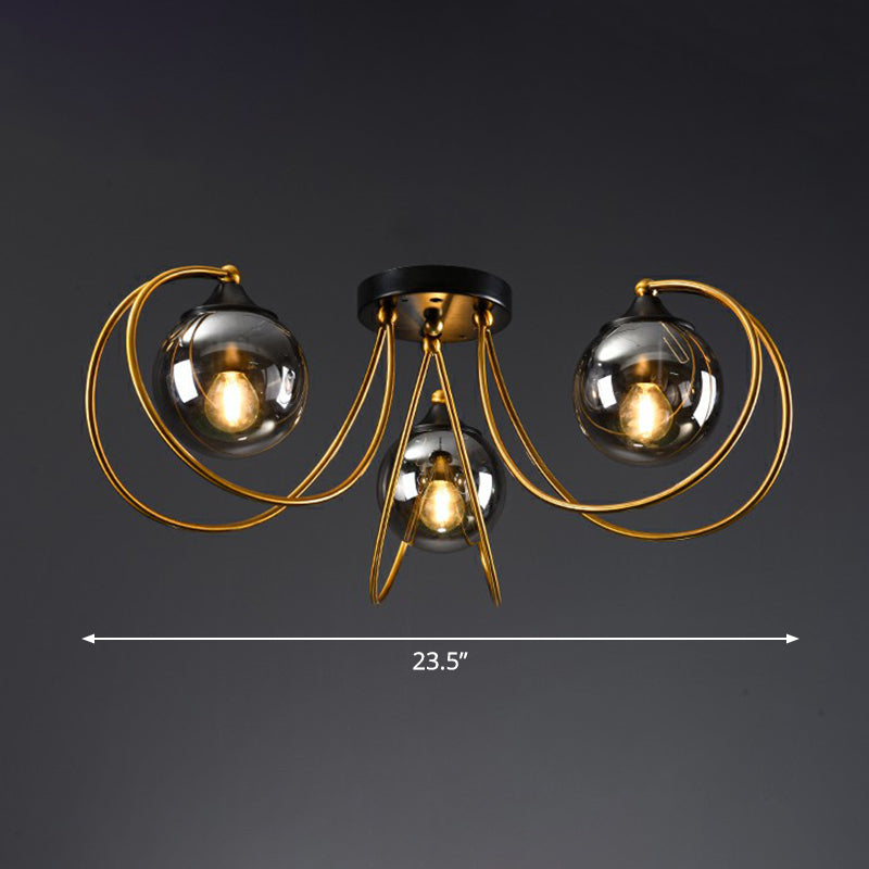 Brass Finish Floral Semi-Flush Ceiling Light Postmodern Glass Flushmount Lighting for Living Room