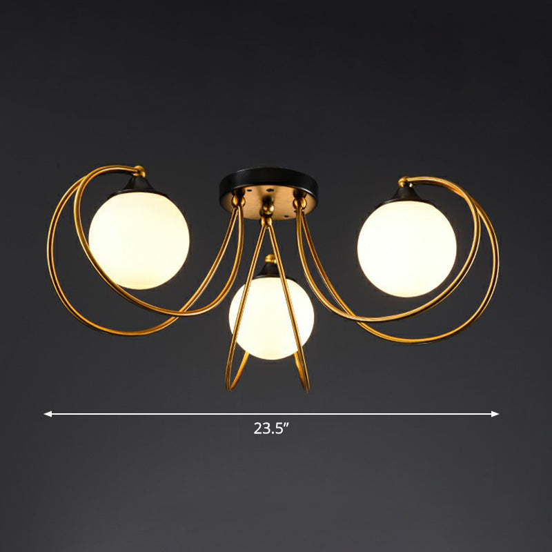 Brass Finish Floral Semi-Flush Ceiling Light Postmodern Glass Flushmount Lighting for Living Room