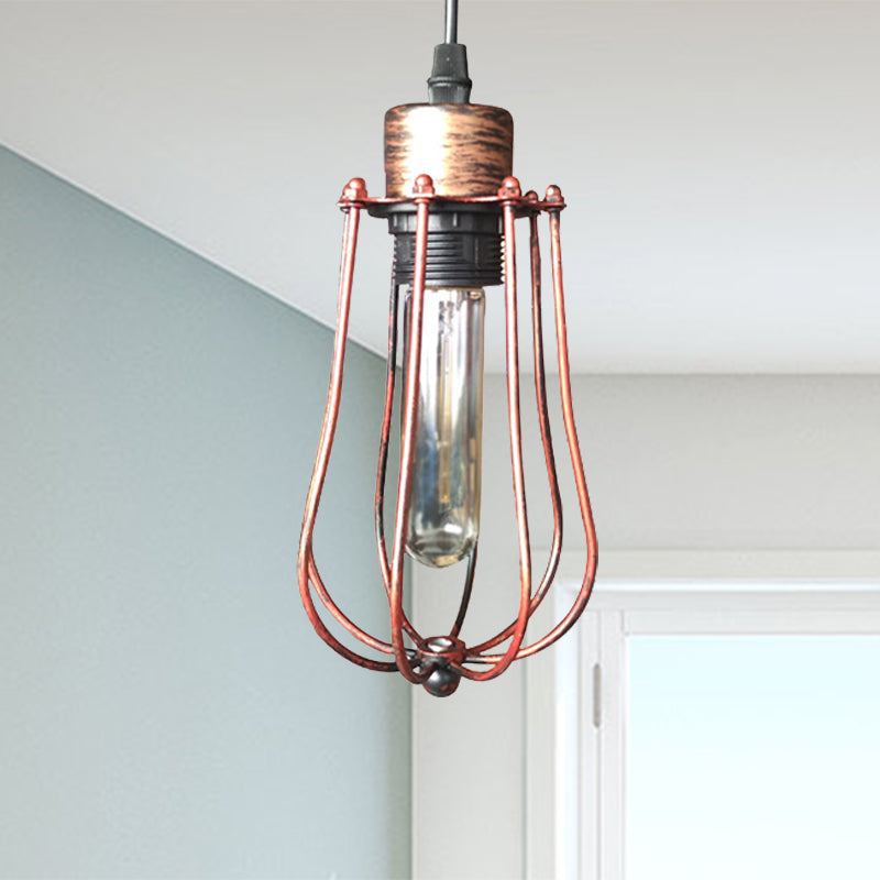 Wrought Iron Caged Hanging Pendant Light Rustic Industrial 1 Head Coffee Shop Suspension Light in Aged Silver/Weathered Copper