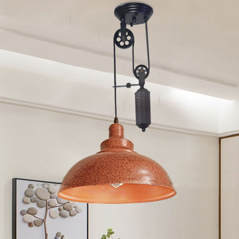 Rustic Industrial Dome Hanging Lamp with Pulley 1 Light Metal Pendant Light Fixture in Brown/Grey for Living Room