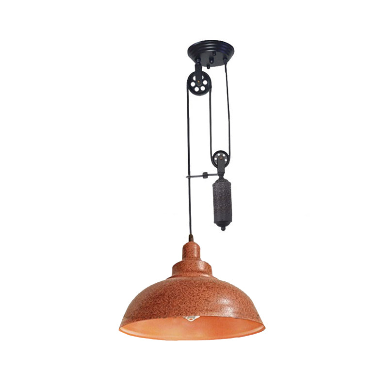 Rustic Industrial Dome Hanging Lamp with Pulley 1 Light Metal Pendant Light Fixture in Brown/Grey for Living Room