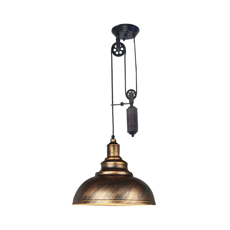 Rustic Industrial Dome Hanging Lamp with Pulley 1 Light Metal Pendant Light Fixture in Brown/Grey for Living Room