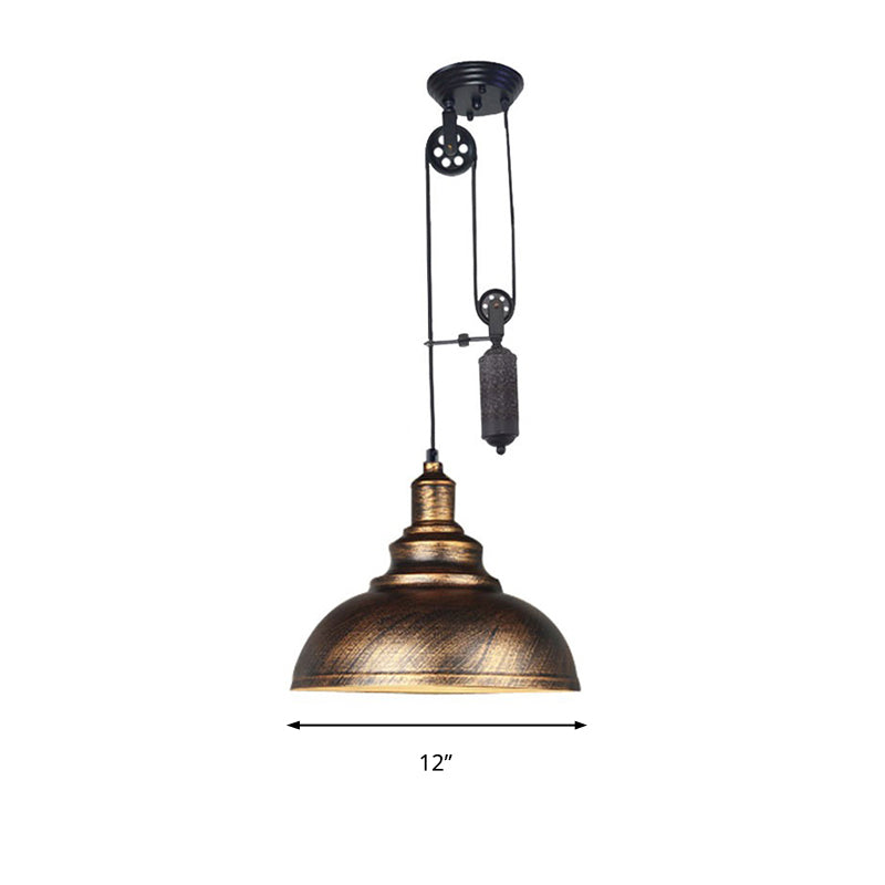 Rustic Industrial Dome Hanging Lamp with Pulley 1 Light Metal Pendant Light Fixture in Brown/Grey for Living Room
