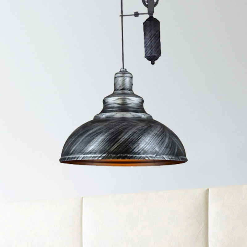 Rustic Industrial Dome Hanging Lamp with Pulley 1 Light Metal Pendant Light Fixture in Brown/Grey for Living Room