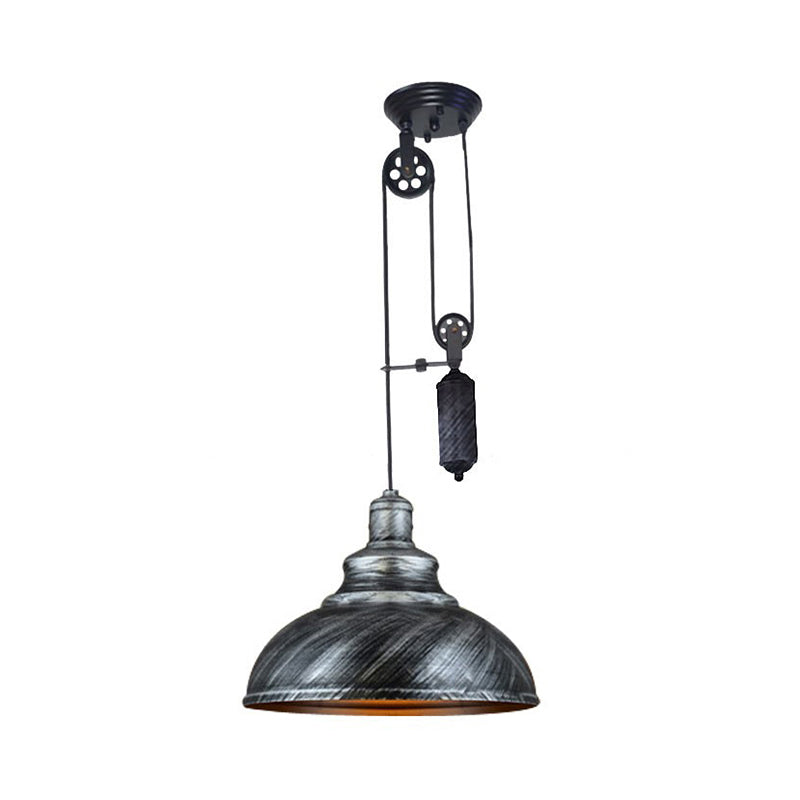 Rustic Industrial Dome Hanging Lamp with Pulley 1 Light Metal Pendant Light Fixture in Brown/Grey for Living Room