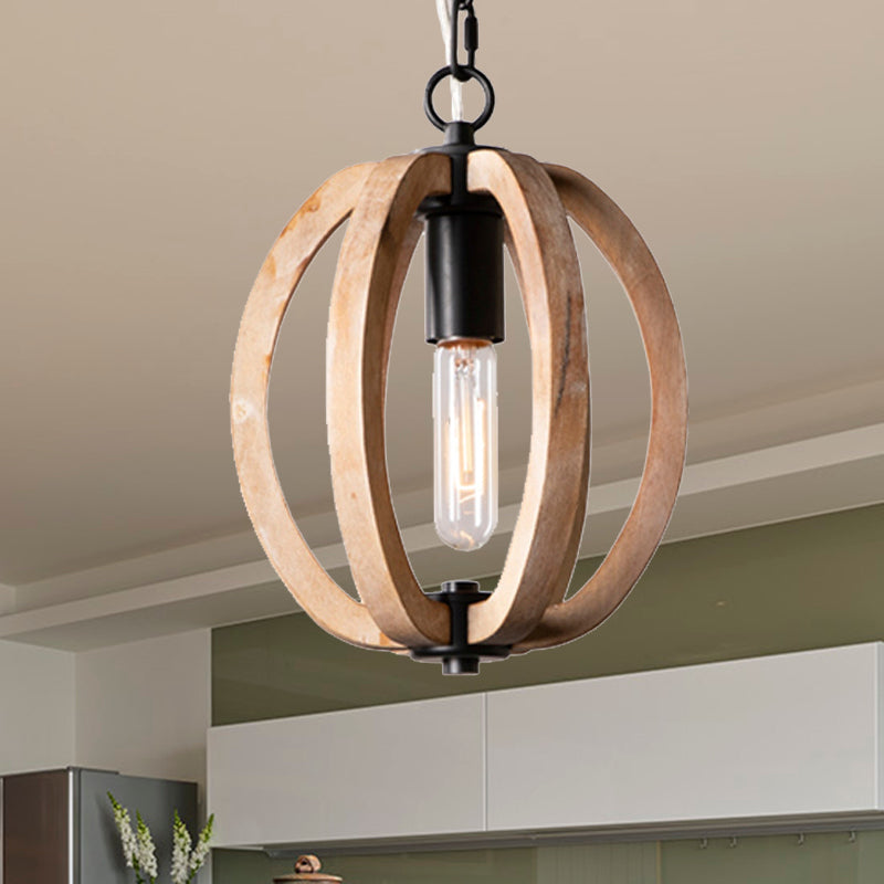 Country Style Orb Drop Light Wood One Light Ceiling Pendant Light in Black for Foyer