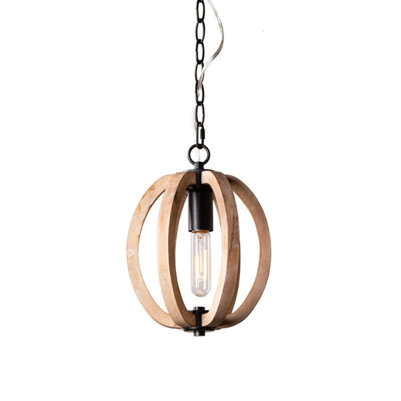 Country Style Orb Drop Light Wood One Light Ceiling Pendant Light in Black for Foyer