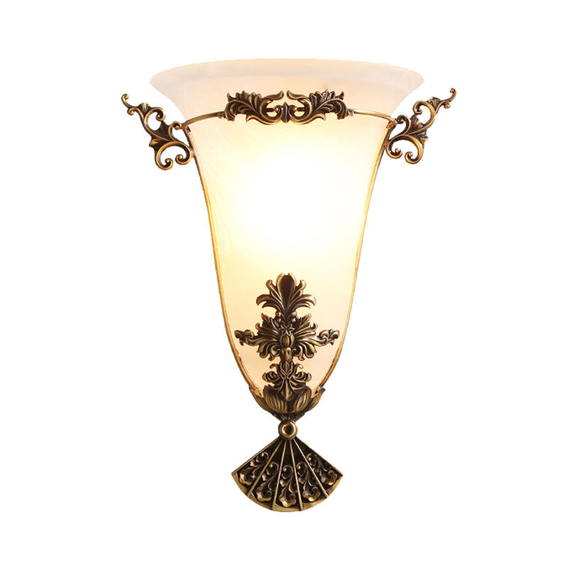 Brass Flower Sconce Light Traditional 1 Head Milky Glass Wall Lighting Fixture for Hallway