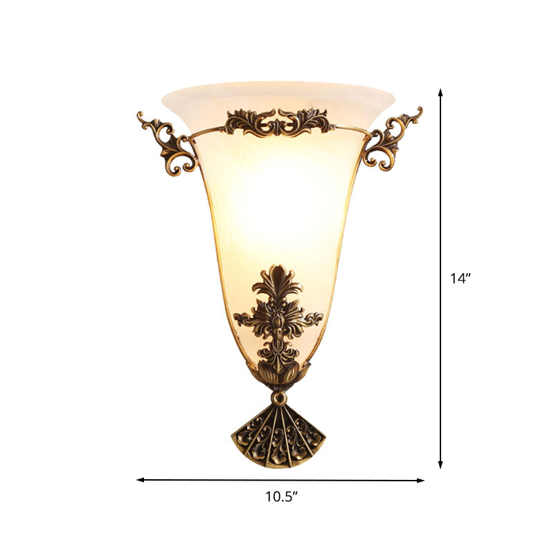 Brass Flower Sconce Light Traditional 1 Head Milky Glass Wall Lighting Fixture for Hallway