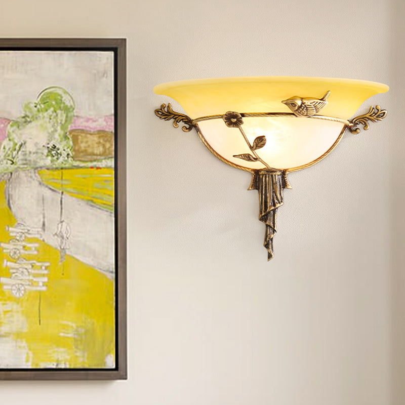 1 Bulb Wide Flare Wall Lamp Tradition White/Yellow Glass Sconce Light Fixture with Flower Deco toward Left/Right