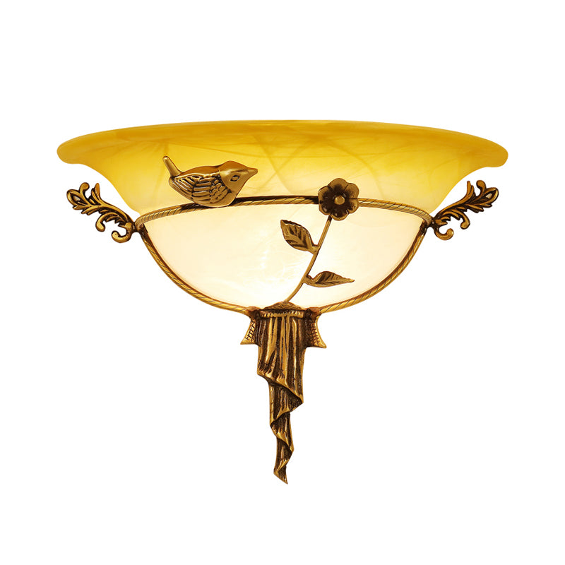 1 Bulb Wide Flare Wall Lamp Tradition White/Yellow Glass Sconce Light Fixture with Flower Deco toward Left/Right