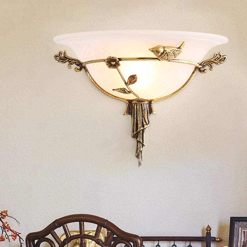 1 Bulb Wide Flare Wall Lamp Tradition White/Yellow Glass Sconce Light Fixture with Flower Deco toward Left/Right