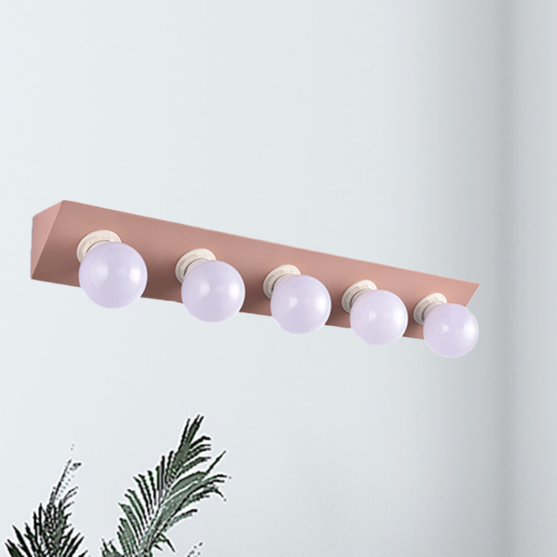 Metal Linear Vanity Sconce Light with Bare Bulb Macaron Style 5 Lights Wall Sconce in Pink/Yellow