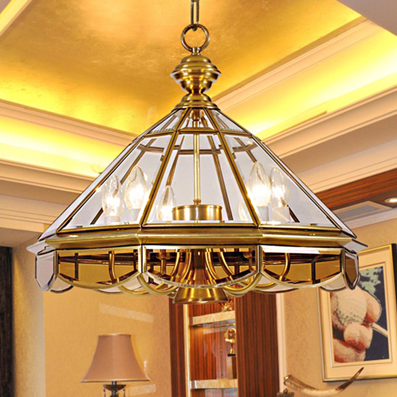 Lampadario a pendente cono tradizionale vetro trasparente 6 lampadine in ottone il soffitto appeso