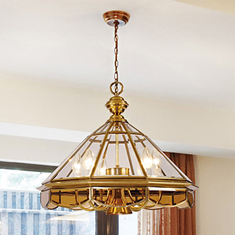 Cone Pendant Chandelier Traditional Clear Glass 6 Bulbs Brass Hanging Ceiling Light
