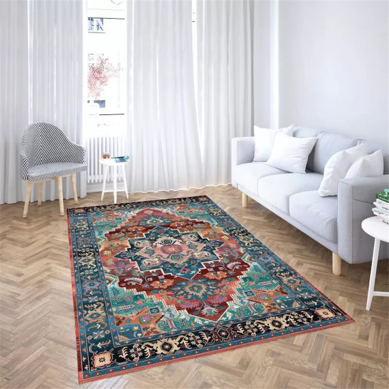 Multi Colored Flower Print Rug Polyster Moroccan Area Carpet Non-Slip Backing Pet Friendly Indoor Rug for Parlor