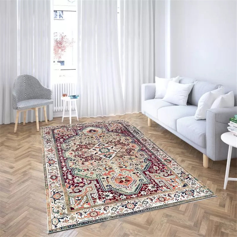 Multi Colored Flower Print Rug Polyster Moroccan Area Carpet Non-Slip Backing Pet Friendly Indoor Rug for Parlor