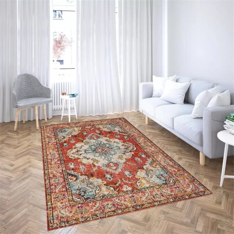 Multi Colored Flower Print Rug Polyster Moroccan Area Carpet Non-Slip Backing Pet Friendly Indoor Rug for Parlor