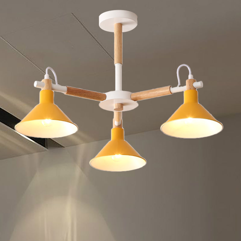 Macaroon Horn Shape Pendante Lights 3 Bulbes Métal et luminaire suspendu en bois pour salle à manger chambre à coucher