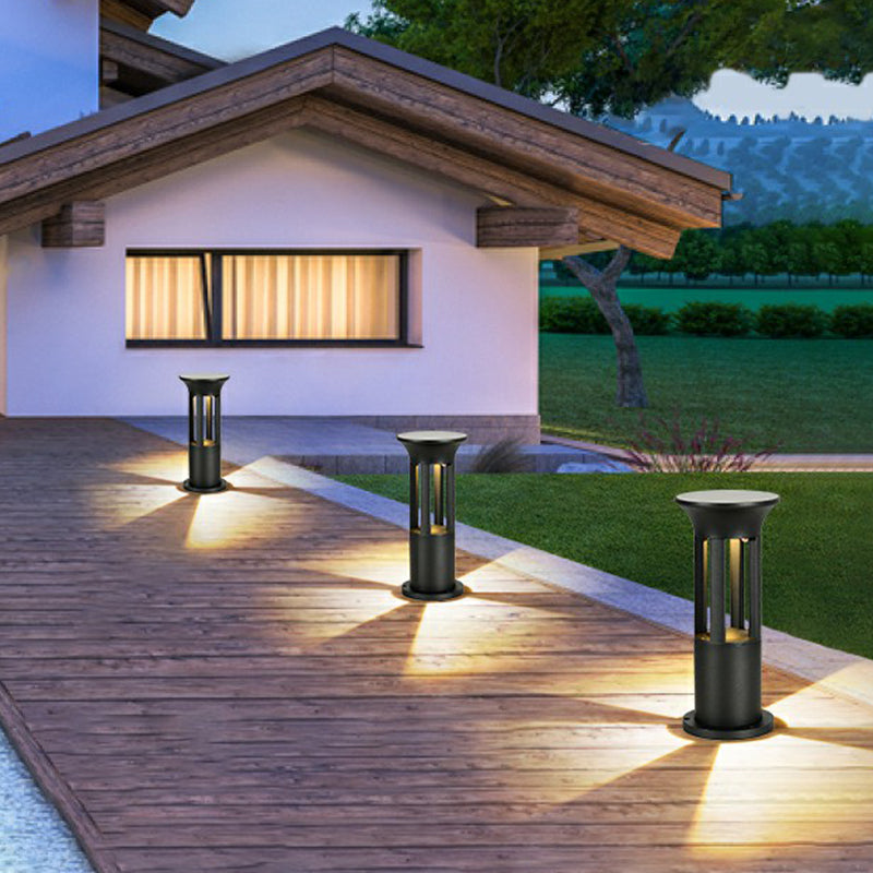 Aluminum Cylindrical Solar Ground Lamp Contemporary Black LED Pathway Light for Yard