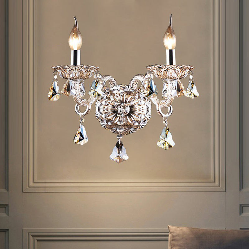 Luce da parete a 2 ghiande tradizionale cognac Crystal Wall Sconce Lampada per camera da letto