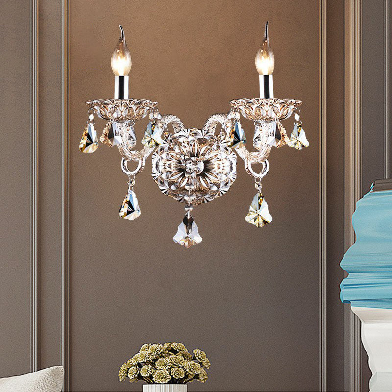 Luce da parete a 2 ghiande tradizionale cognac Crystal Wall Sconce Lampada per camera da letto