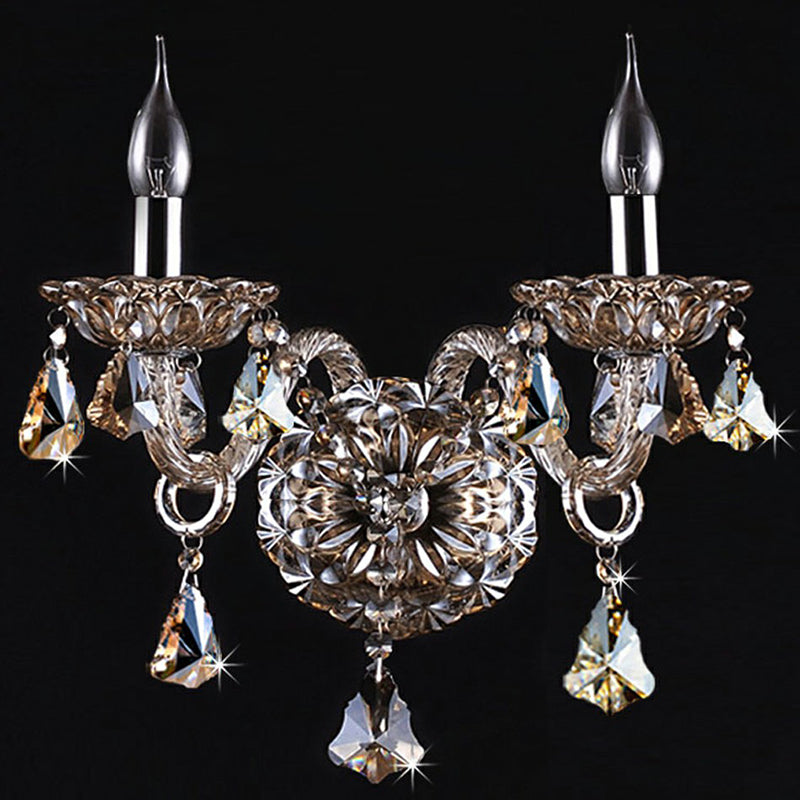 Luce da parete a 2 ghiande tradizionale cognac Crystal Wall Sconce Lampada per camera da letto